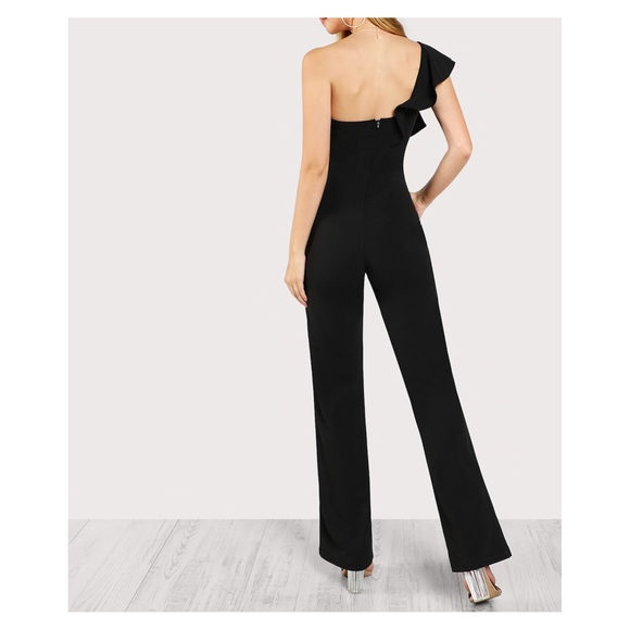 Black One Shoulder Ruffle Side Solid Jumpsuit - Picture 3 of 8